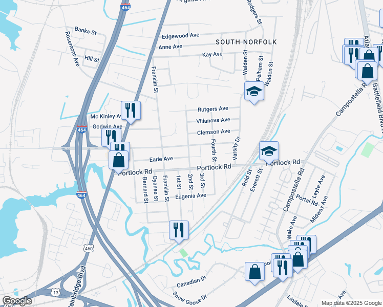 map of restaurants, bars, coffee shops, grocery stores, and more near 1405 Earle Avenue in Chesapeake