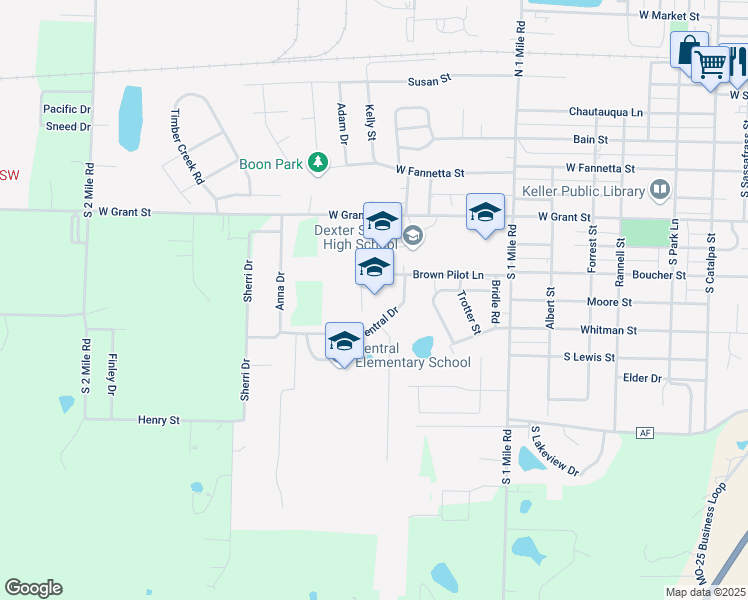 map of restaurants, bars, coffee shops, grocery stores, and more near 1107 Brown Pilot Lane in Dexter