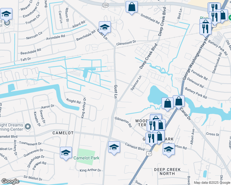 map of restaurants, bars, coffee shops, grocery stores, and more near 1320 Gust Lane in Chesapeake