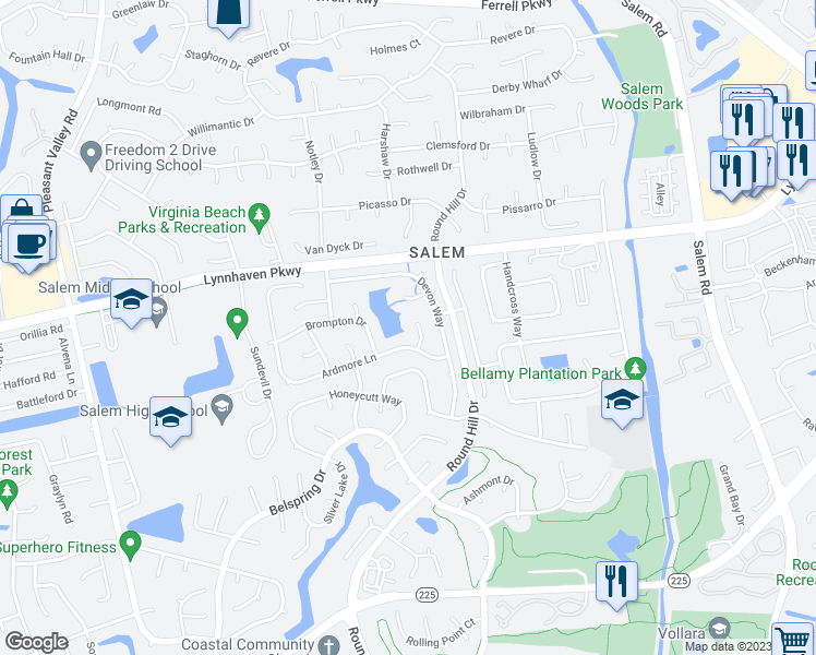 map of restaurants, bars, coffee shops, grocery stores, and more near 1609 Fall Meadow Court in Virginia Beach