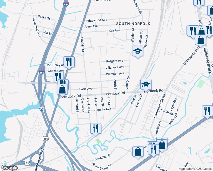 map of restaurants, bars, coffee shops, grocery stores, and more near 1405 Earle Avenue in Chesapeake