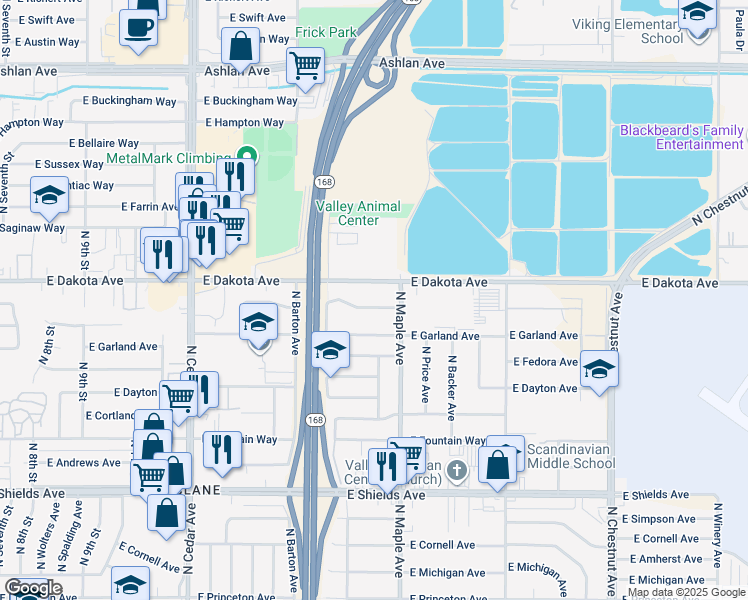 map of restaurants, bars, coffee shops, grocery stores, and more near 4577 East Robinson Avenue in Fresno