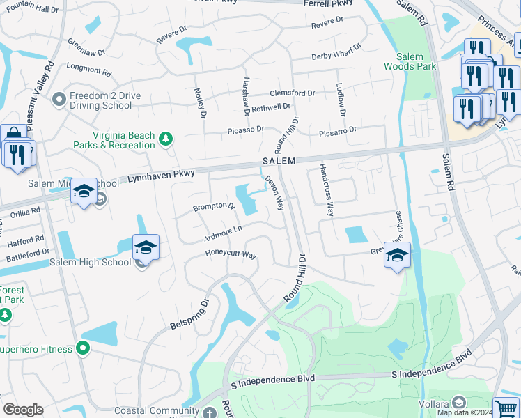 map of restaurants, bars, coffee shops, grocery stores, and more near 1609 Fall Meadow Court in Virginia Beach