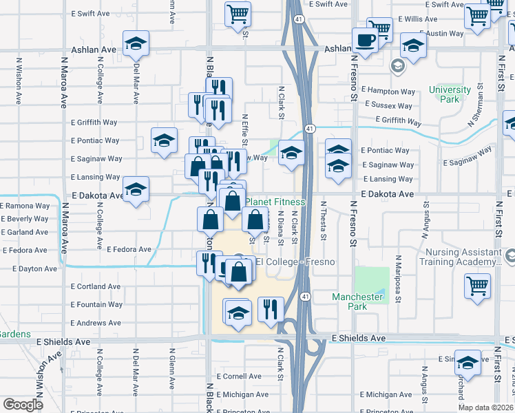 map of restaurants, bars, coffee shops, grocery stores, and more near 3767 North Effie Street in Fresno
