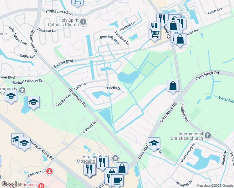 map of restaurants, bars, coffee shops, grocery stores, and more near 3700 Criollo Drive in Virginia Beach