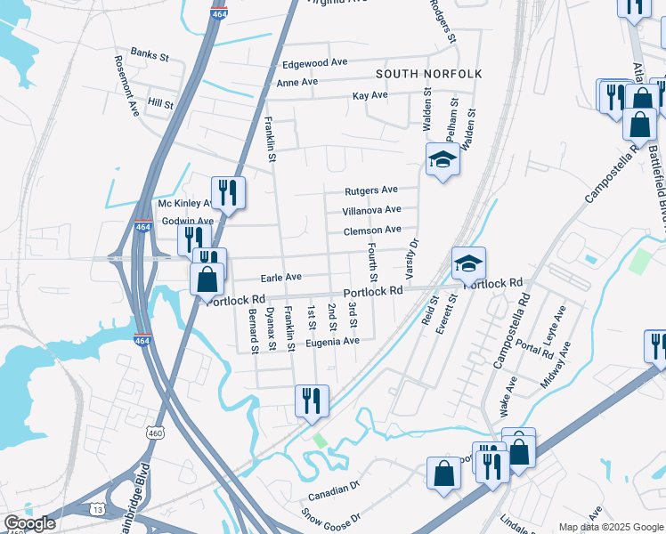 map of restaurants, bars, coffee shops, grocery stores, and more near 1309 Earle Avenue in Chesapeake