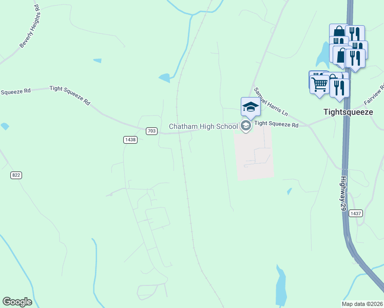 map of restaurants, bars, coffee shops, grocery stores, and more near 889 Tight Squeeze Road in Chatham