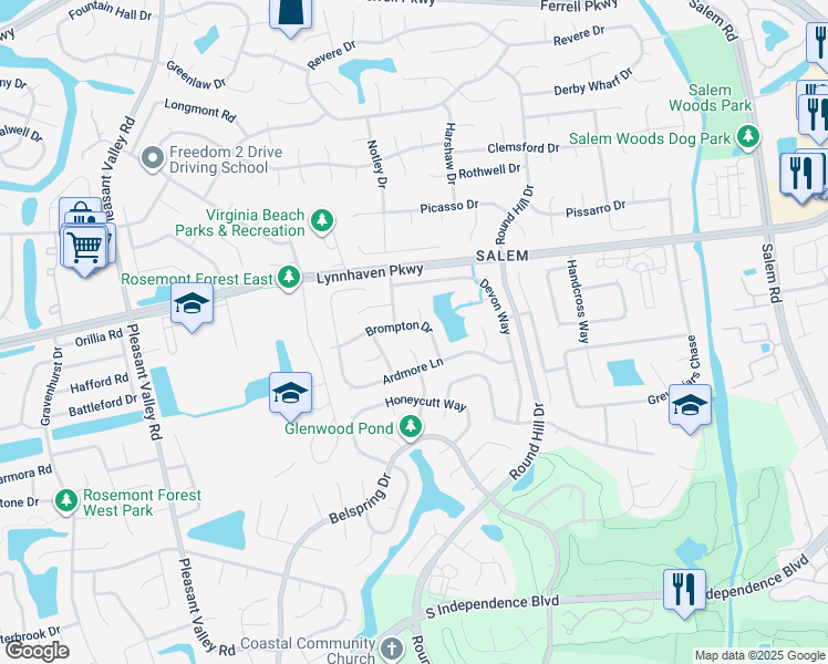 map of restaurants, bars, coffee shops, grocery stores, and more near 4725 Brompton Drive in Virginia Beach