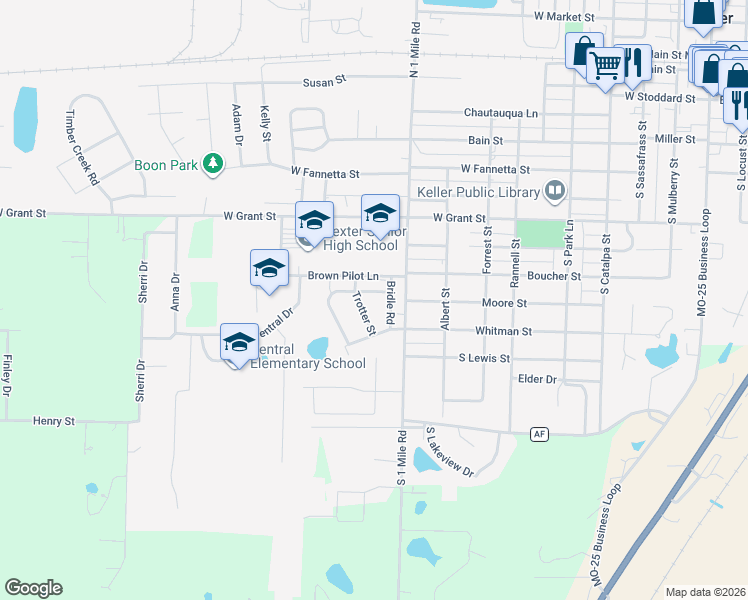 map of restaurants, bars, coffee shops, grocery stores, and more near 701 Trotter Lane in Dexter