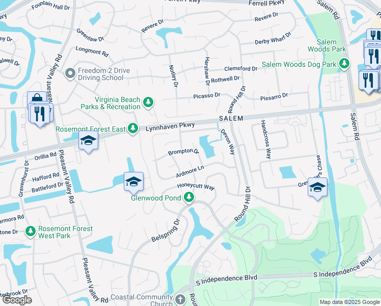 map of restaurants, bars, coffee shops, grocery stores, and more near 4725 Brompton Drive in Virginia Beach