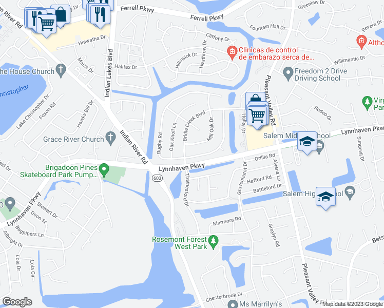 map of restaurants, bars, coffee shops, grocery stores, and more near 5107 Rugby Road in Virginia Beach