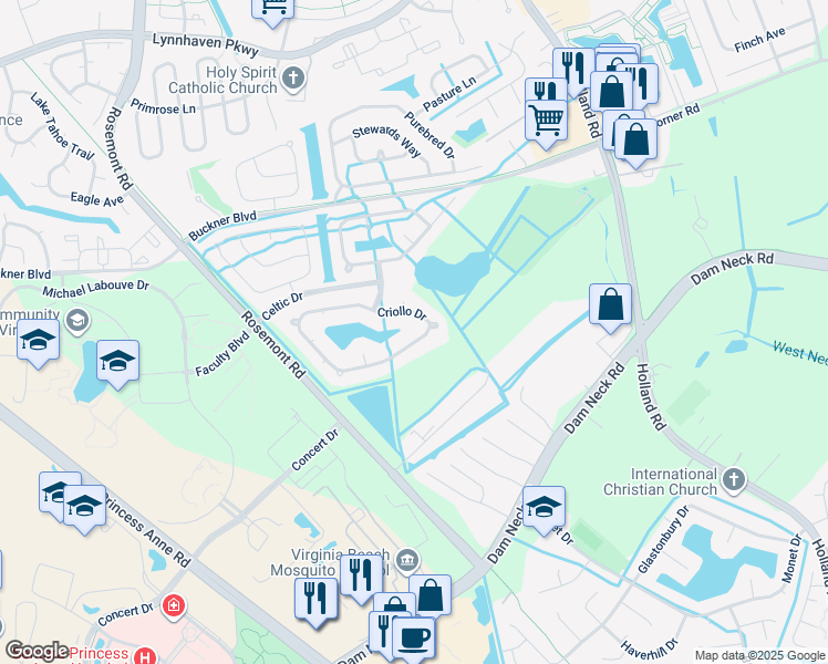 map of restaurants, bars, coffee shops, grocery stores, and more near 3700 Criollo Drive in Virginia Beach