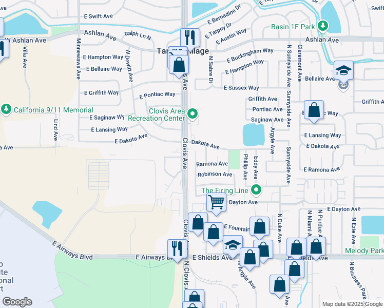 map of restaurants, bars, coffee shops, grocery stores, and more near 3660 Judy Avenue in Clovis