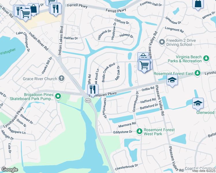 map of restaurants, bars, coffee shops, grocery stores, and more near 5114 Rugby Road in Virginia Beach