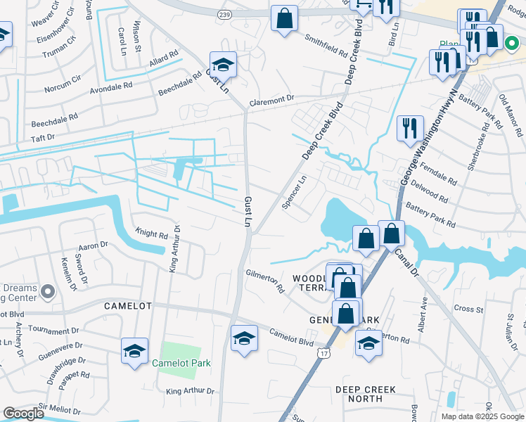 map of restaurants, bars, coffee shops, grocery stores, and more near 1320 Deep Creek Boulevard in Chesapeake
