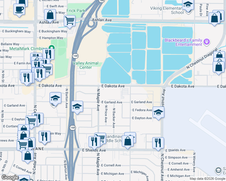 map of restaurants, bars, coffee shops, grocery stores, and more near 4644 East Dakota Avenue in Fresno