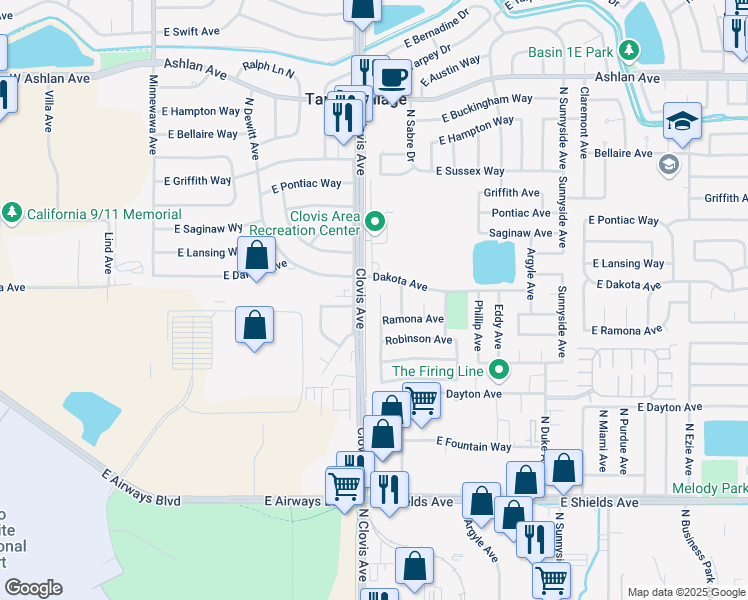 map of restaurants, bars, coffee shops, grocery stores, and more near 3660 Judy Avenue in Clovis