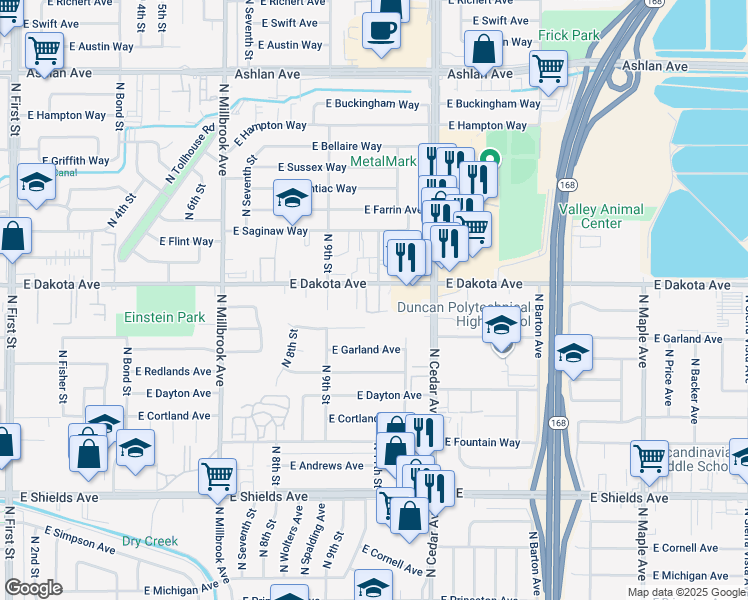 map of restaurants, bars, coffee shops, grocery stores, and more near 4040 East Dakota Avenue in Fresno