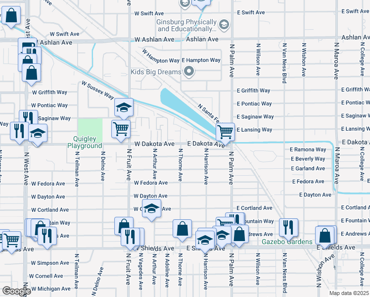 map of restaurants, bars, coffee shops, grocery stores, and more near 23 East Robinson Avenue in Fresno