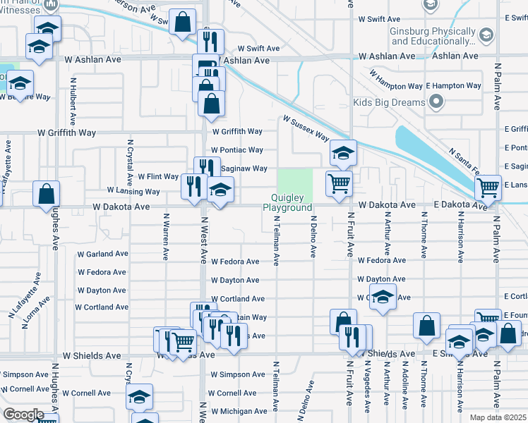 map of restaurants, bars, coffee shops, grocery stores, and more near 941 West Dakota Avenue in Fresno