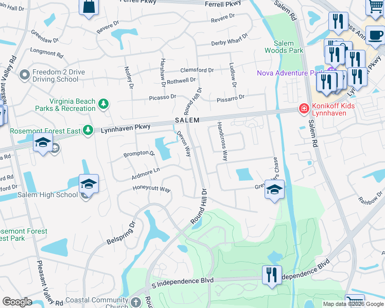 map of restaurants, bars, coffee shops, grocery stores, and more near 1661 Devon Way in Virginia Beach