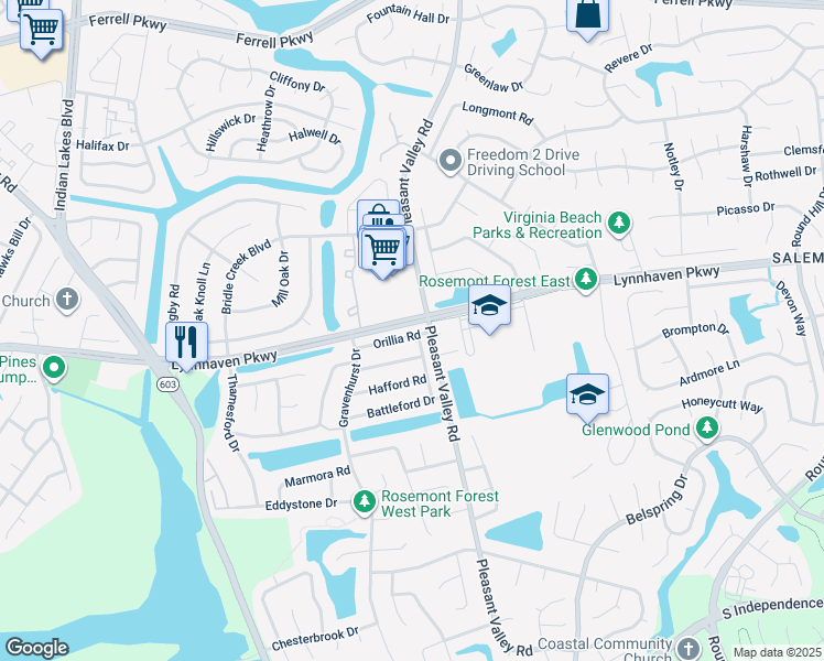 map of restaurants, bars, coffee shops, grocery stores, and more near 1319 Orillia Road in Virginia Beach