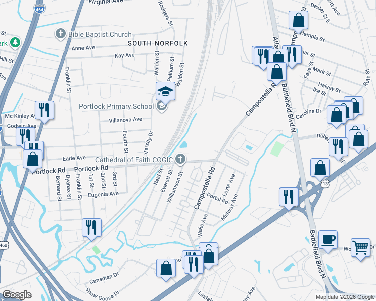 map of restaurants, bars, coffee shops, grocery stores, and more near 1816 Warfield Street in Chesapeake