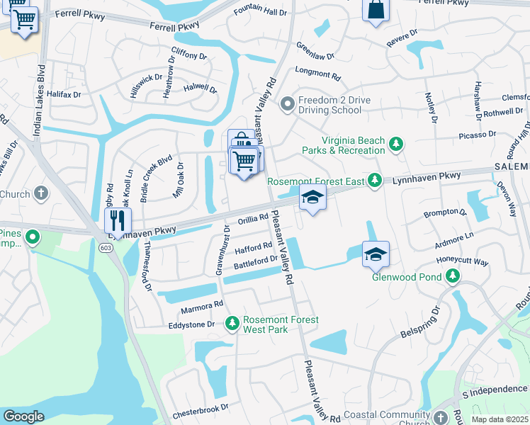 map of restaurants, bars, coffee shops, grocery stores, and more near 1310 Orillia Road in Virginia Beach