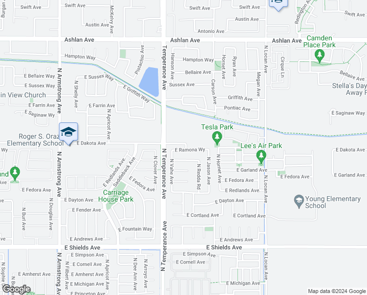 map of restaurants, bars, coffee shops, grocery stores, and more near 7064 East Ramona Avenue in Fresno