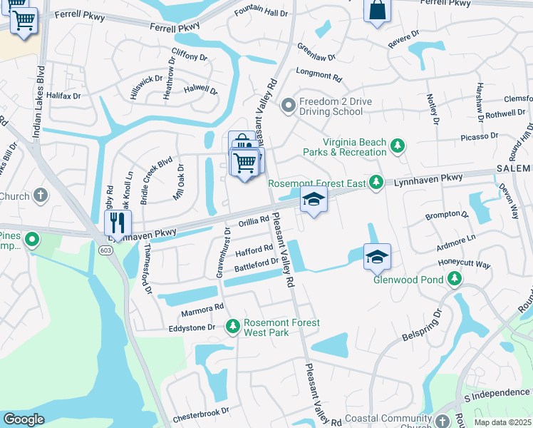 map of restaurants, bars, coffee shops, grocery stores, and more near 1310 Orillia Road in Virginia Beach
