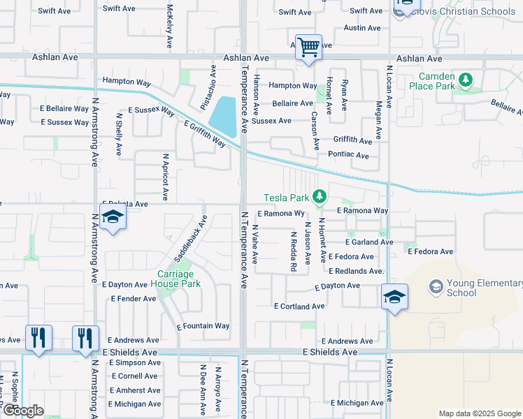map of restaurants, bars, coffee shops, grocery stores, and more near 7057 East Ramona Way in Fresno
