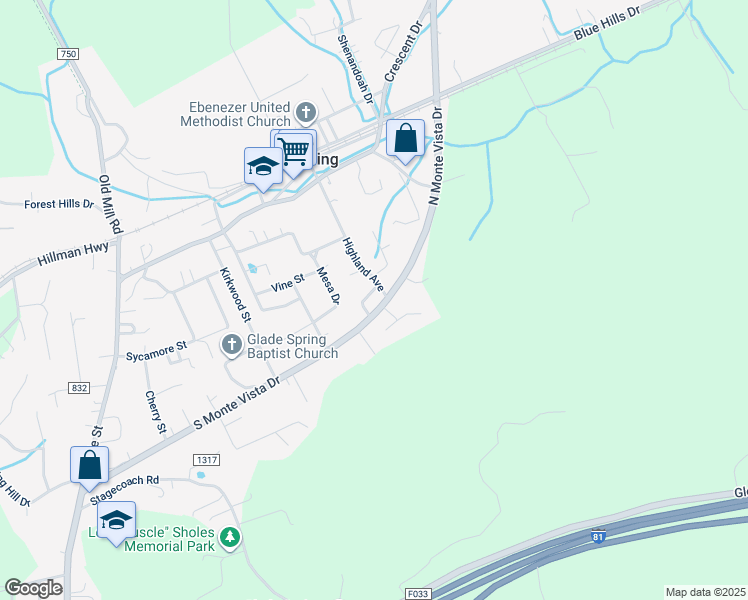 map of restaurants, bars, coffee shops, grocery stores, and more near 108 South Monte Vista Drive in Glade Spring