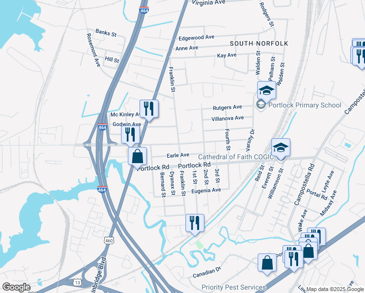 map of restaurants, bars, coffee shops, grocery stores, and more near 1300 Freeman Avenue in Chesapeake