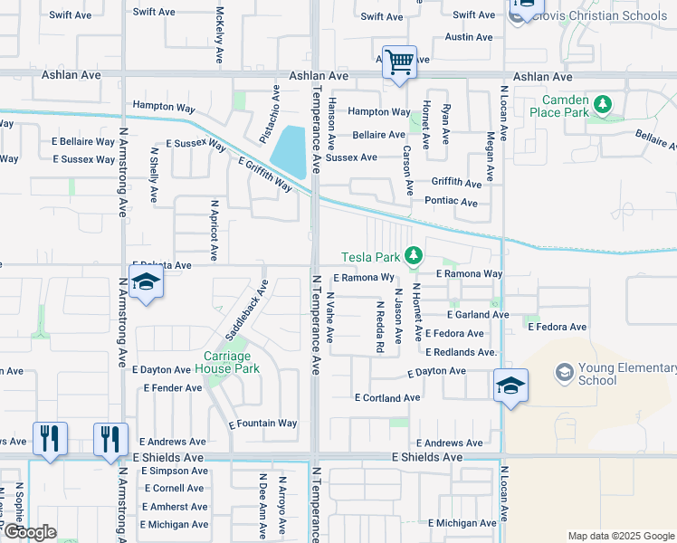 map of restaurants, bars, coffee shops, grocery stores, and more near 7057 East Ramona Way in Fresno