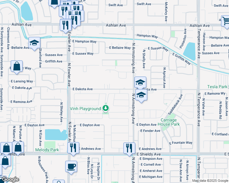 map of restaurants, bars, coffee shops, grocery stores, and more near 6382 East Dakota Avenue in Fresno