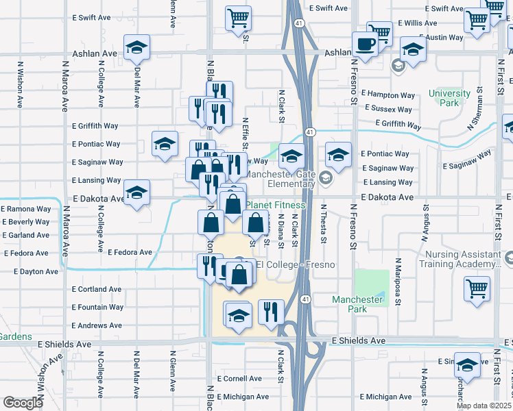 map of restaurants, bars, coffee shops, grocery stores, and more near 3767 North Effie Street in Fresno
