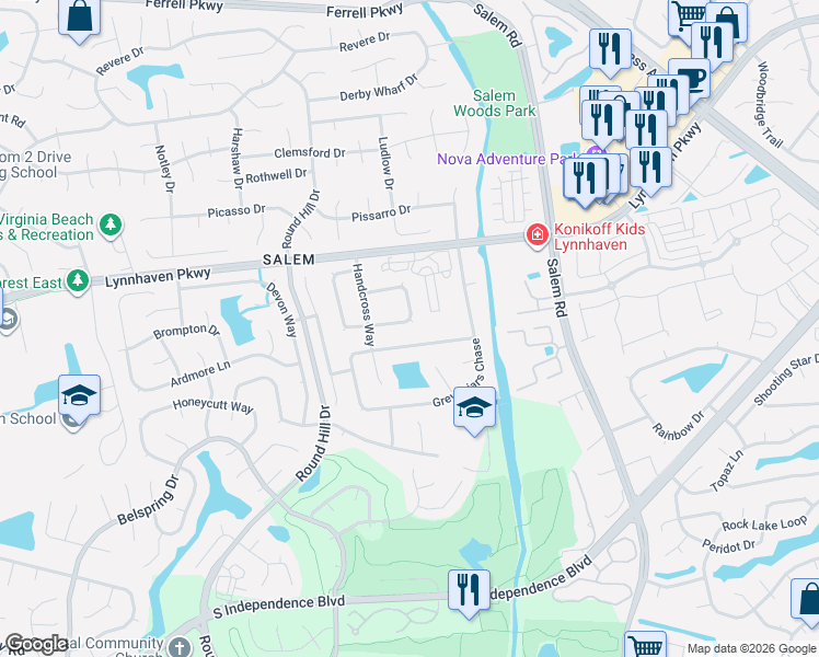 map of restaurants, bars, coffee shops, grocery stores, and more near 1912 Grey Friars Chase in Virginia Beach