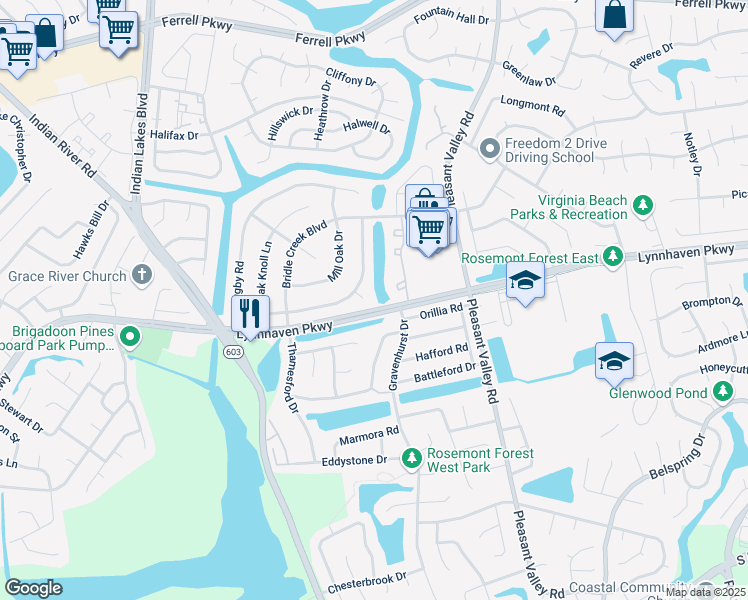 map of restaurants, bars, coffee shops, grocery stores, and more near 1701 Gravenhurst Drive in Virginia Beach