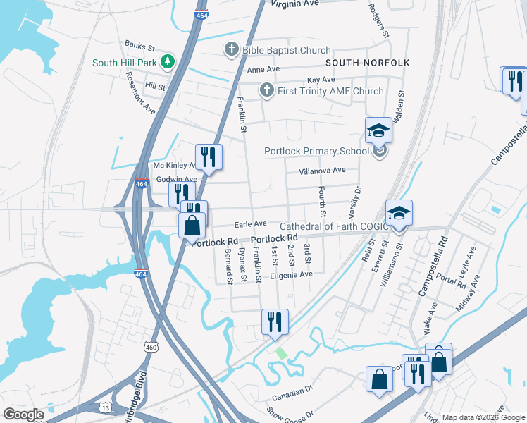 map of restaurants, bars, coffee shops, grocery stores, and more near 1301 Earle Avenue in Chesapeake