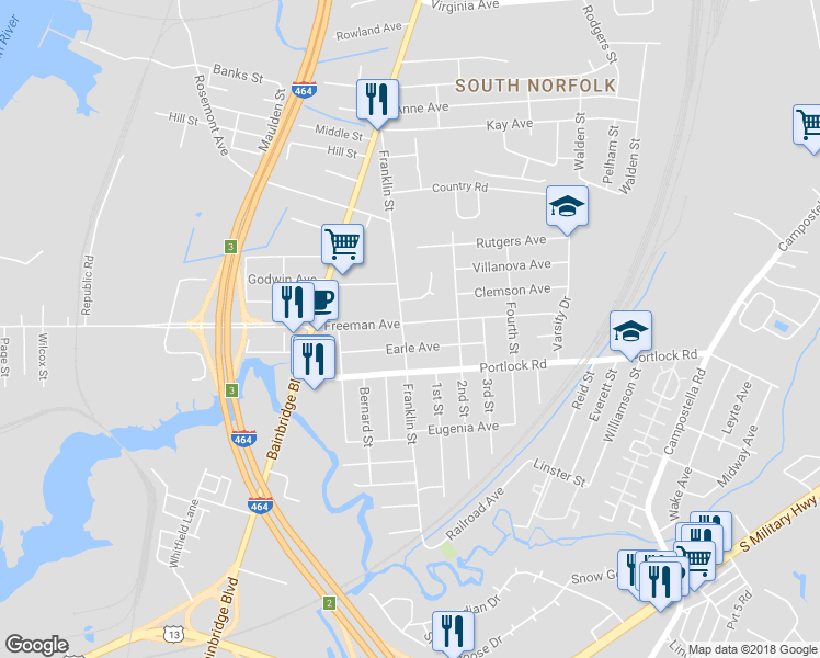 map of restaurants, bars, coffee shops, grocery stores, and more near 1301 Earle Avenue in Chesapeake