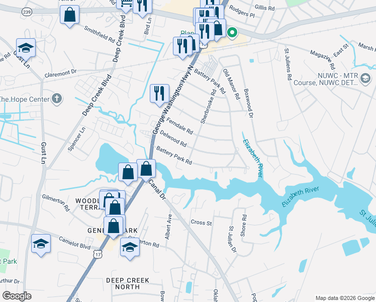 map of restaurants, bars, coffee shops, grocery stores, and more near 2244 Battery Park Road in Chesapeake