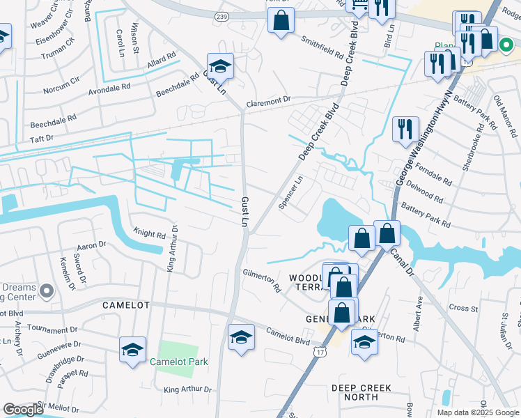 map of restaurants, bars, coffee shops, grocery stores, and more near 1320 Deep Creek Boulevard in Chesapeake
