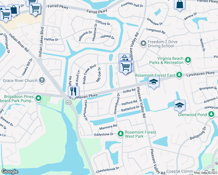 map of restaurants, bars, coffee shops, grocery stores, and more near 1500 Judith Court in Virginia Beach