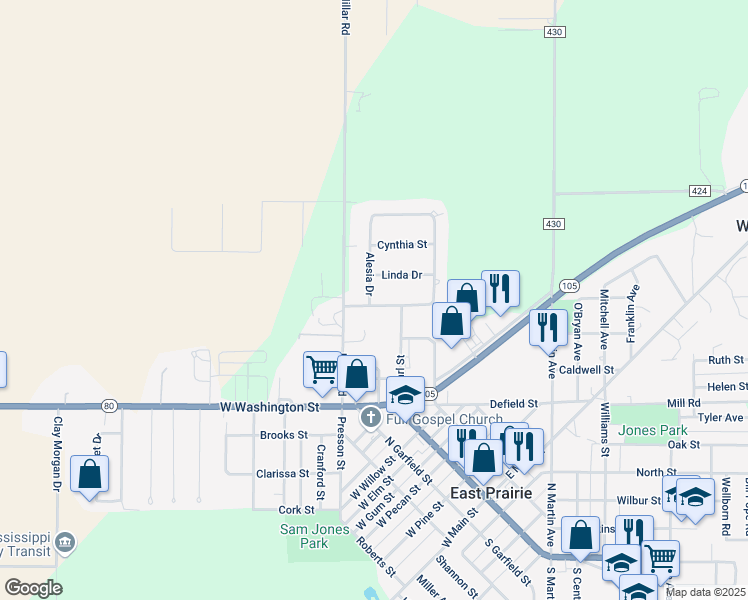 map of restaurants, bars, coffee shops, grocery stores, and more near 64 Alesia Drive in East Prairie