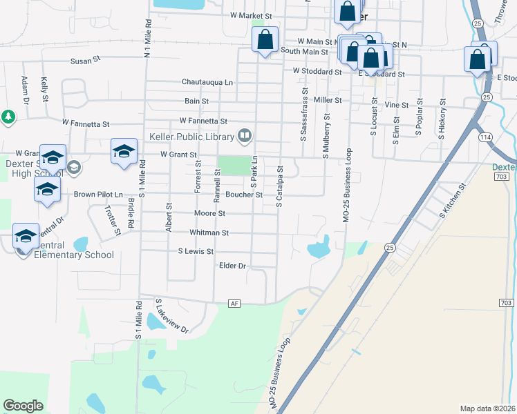 map of restaurants, bars, coffee shops, grocery stores, and more near 704 South Park Lane in Dexter