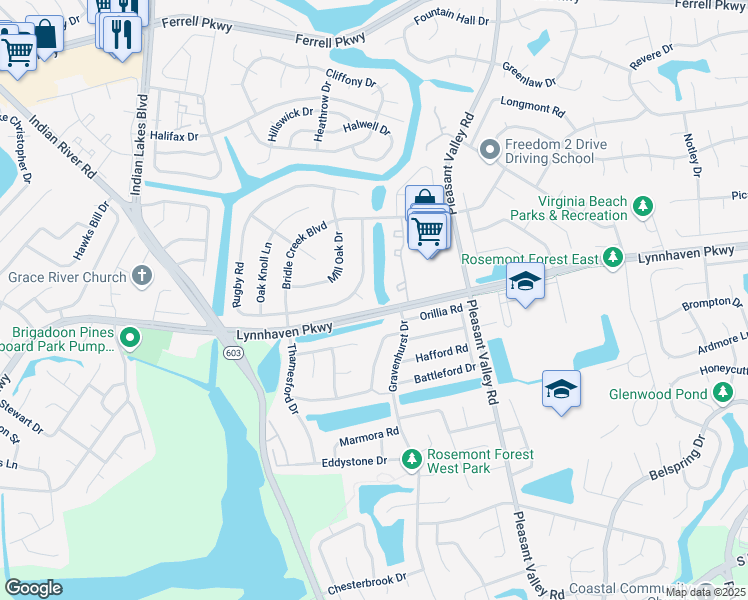 map of restaurants, bars, coffee shops, grocery stores, and more near 1701 Gravenhurst Drive in Virginia Beach