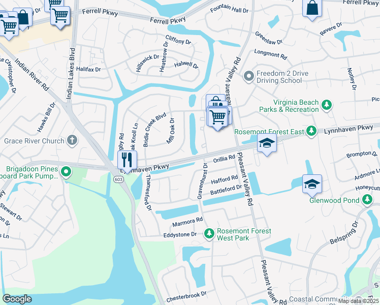 map of restaurants, bars, coffee shops, grocery stores, and more near 1500 Judith Court in Virginia Beach
