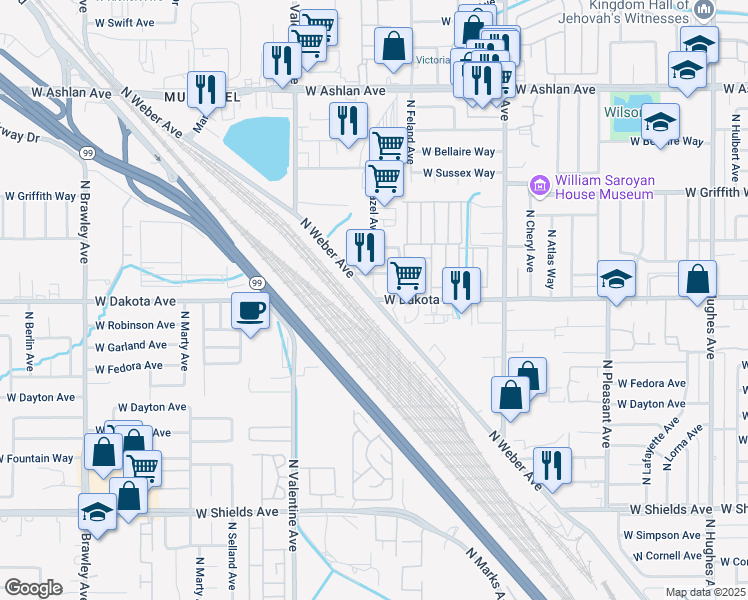 map of restaurants, bars, coffee shops, grocery stores, and more near N Weber Ave & W Dakota Ave in Fresno