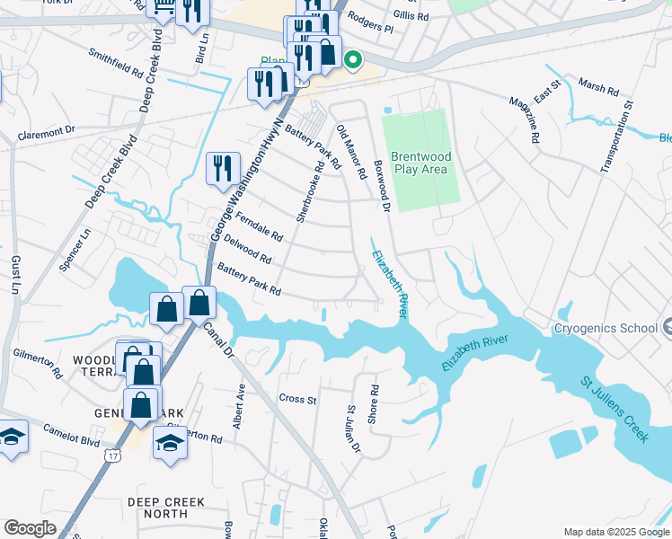 map of restaurants, bars, coffee shops, grocery stores, and more near 2200 Battery Park Road in Chesapeake