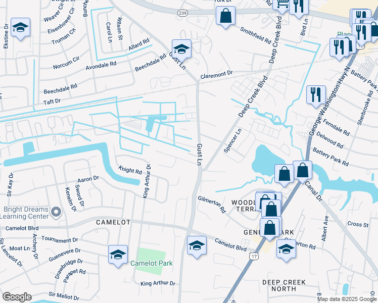 map of restaurants, bars, coffee shops, grocery stores, and more near 1324 Gust Lane in Chesapeake